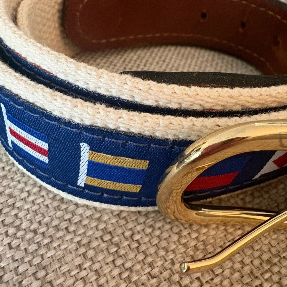 Navy Nautical Ribbon Canvas Belt with Brown Leather Trim